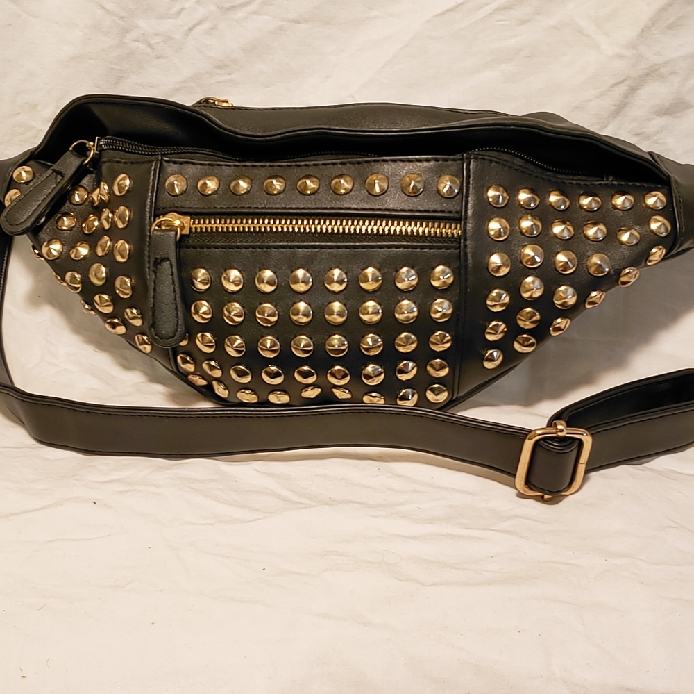 Black faux leather with gold studs hip bag